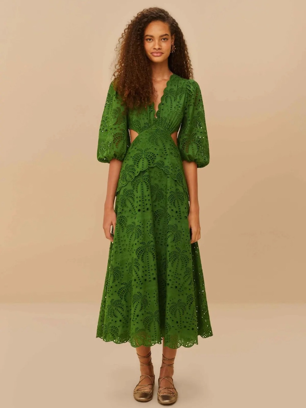 NWT FARM RIO Green Richeliu Eyelet Midi Dress - Picture 1 of 10